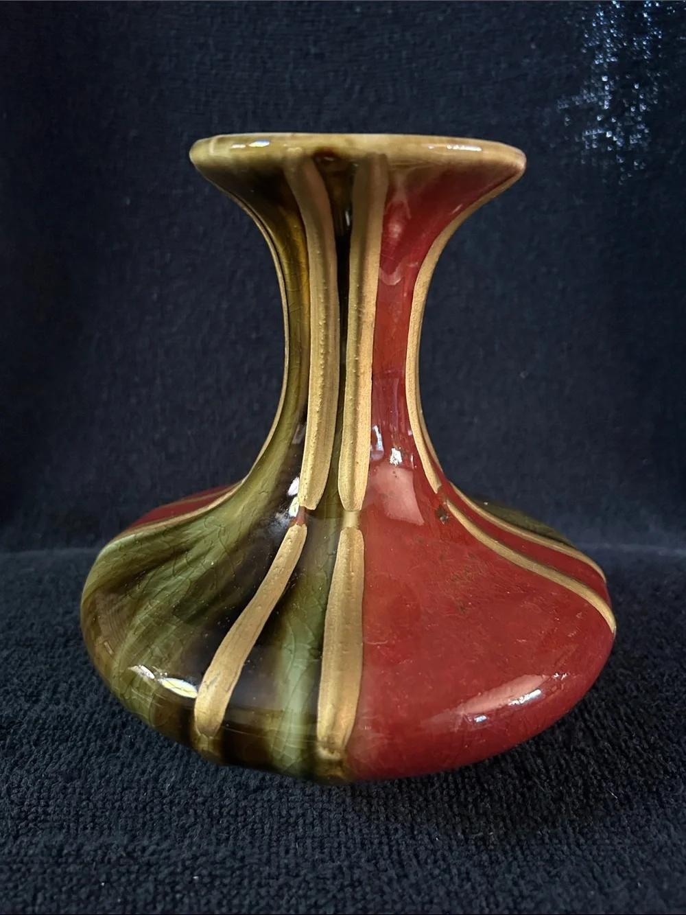 Mid Century Modern Genie Porcelain Vase Circa 50s-60s in Red, Olive Green, Gold